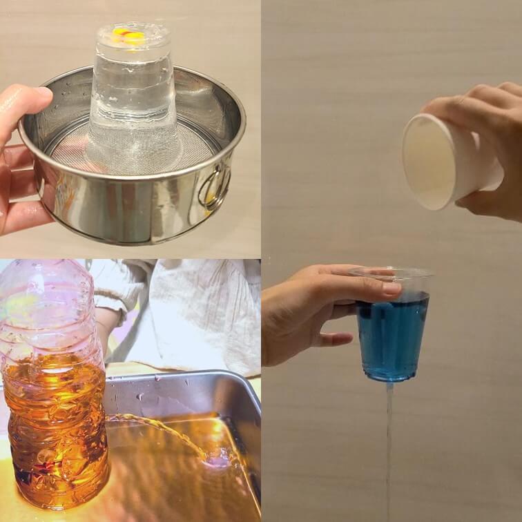え、なんで水がこぼれないの?なんで急に水が出てくるの?【100均グッズ】の簡単水遊び実験3選
