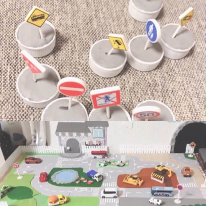 ”100均お弁当ピック&ペットボトルのふた”で子どもの車遊びをもっともっと楽しく♪